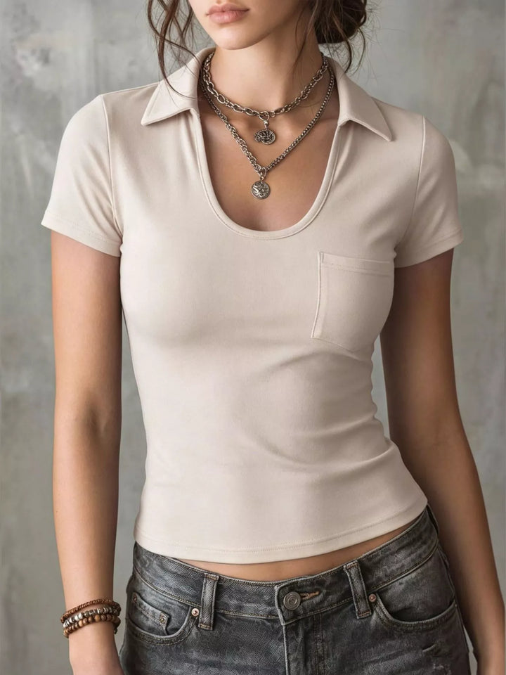 Short sleeve polo collar crop top with chest pocket