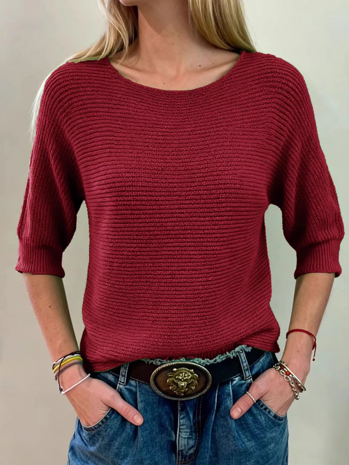 Red Ribbed knit round neck sweater with dolman sleeves