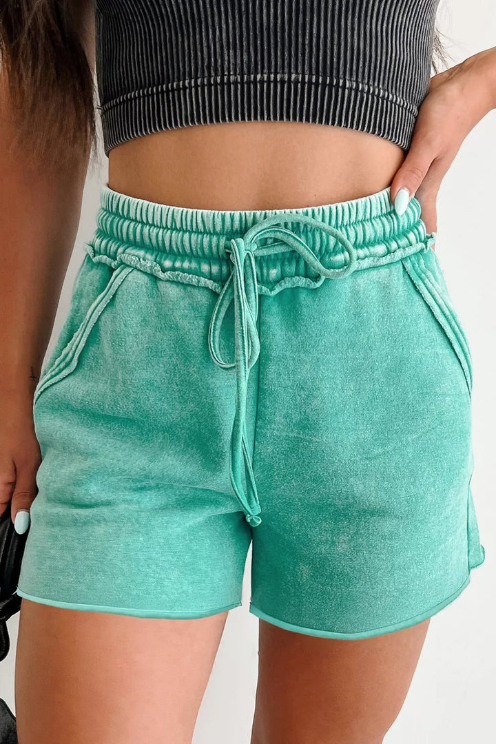 Teal Mineral wash drawstring shorts with raw-cut hems