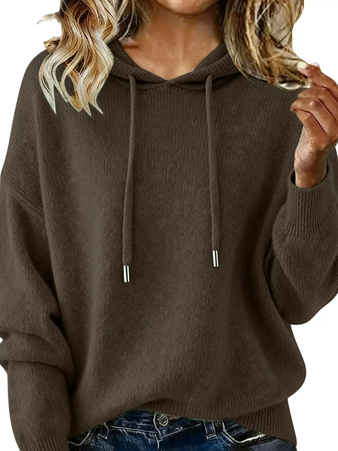 Coffee Brown Drawstring hooded knit pullover sweater with ribbed cuffs