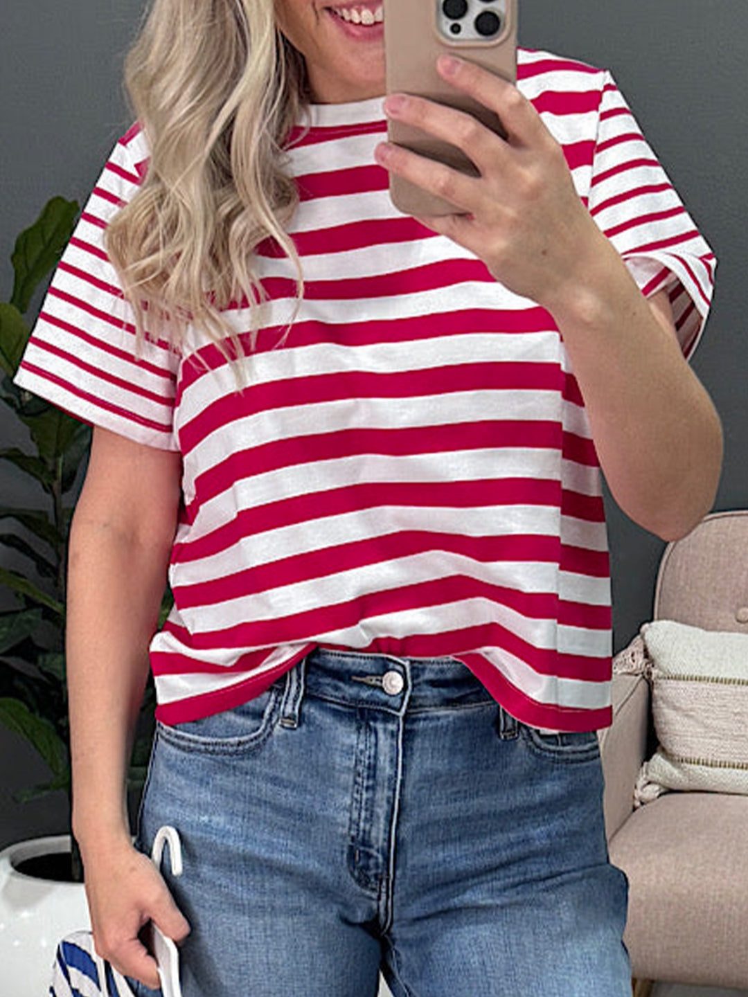 Strawberry Striped patchwork short sleeve crew neck tee