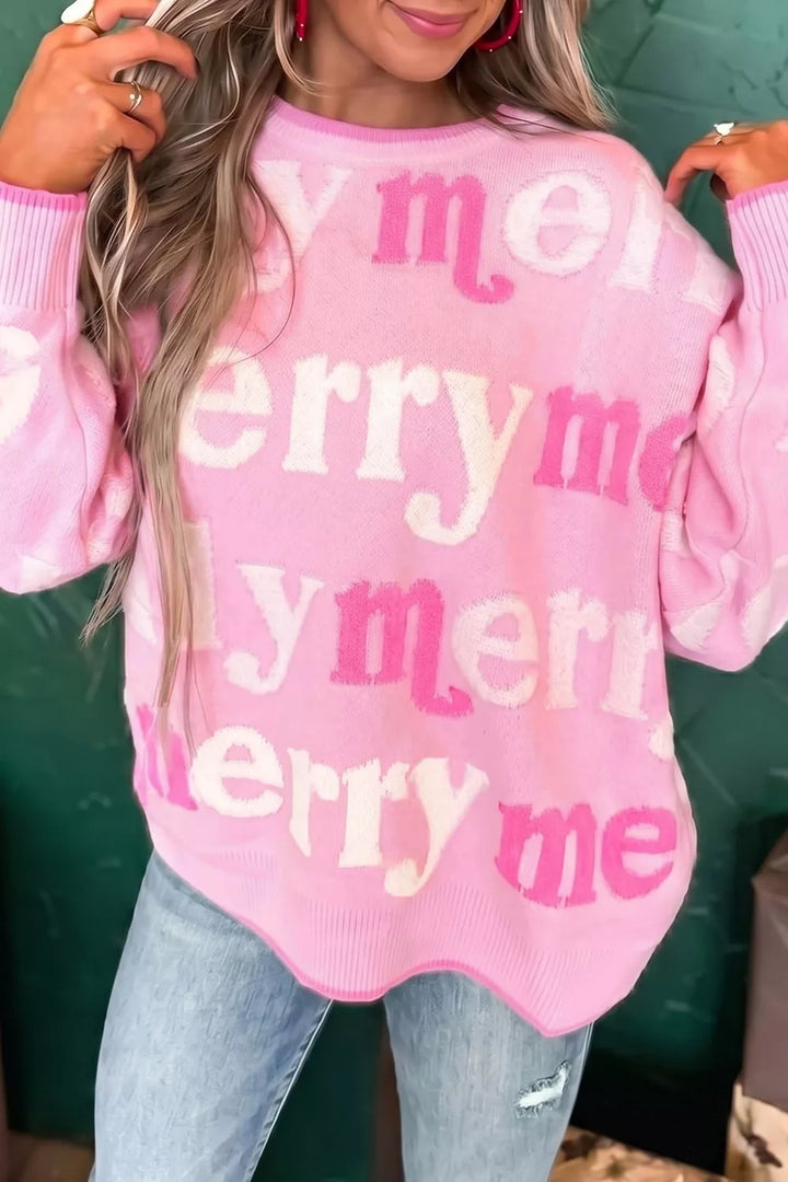 Pink Merry letter print crew neck knit holiday sweater