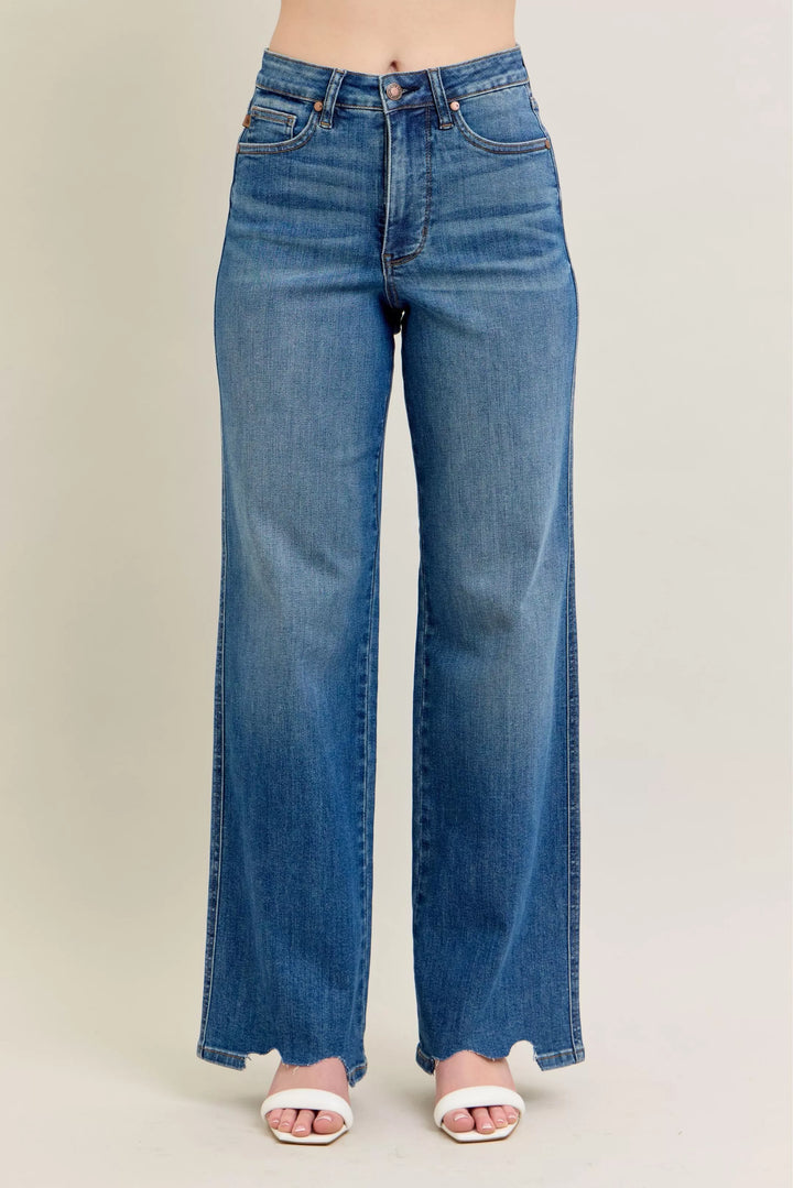 MD High-rise tummy control wide leg jeans with raw chewed hem