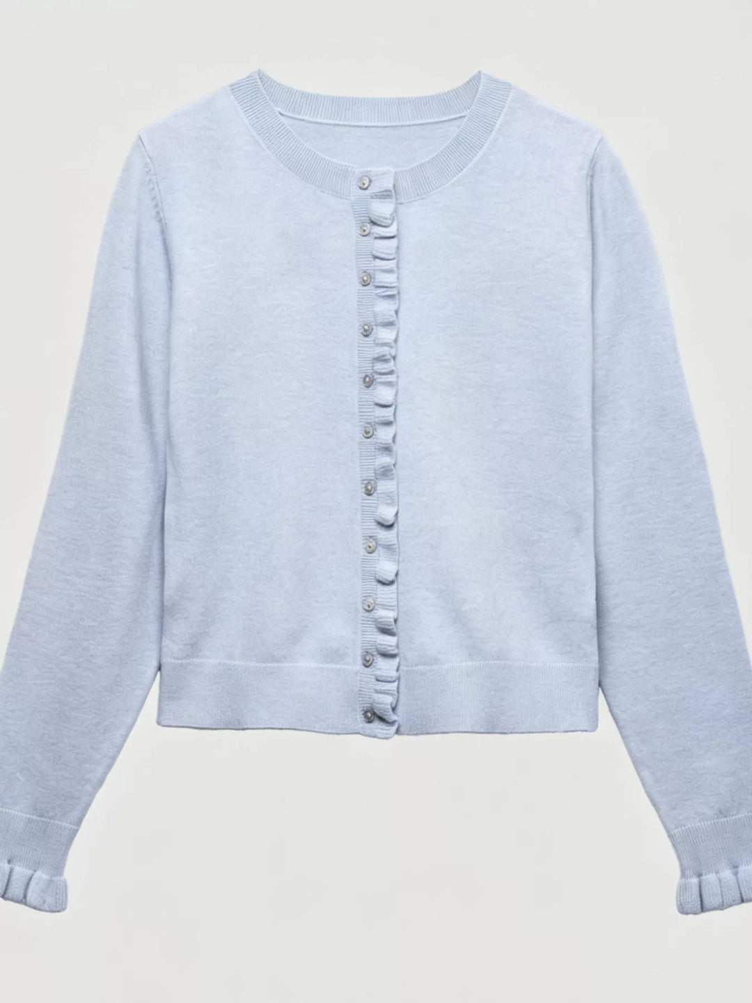 Ruffle placket button-front knit cardigan with ruffle cuffs