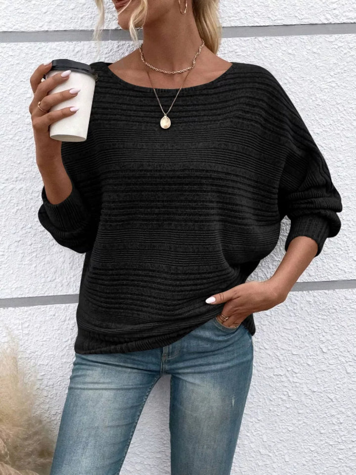 Ribbed knit relaxed long sleeve boat-neck top