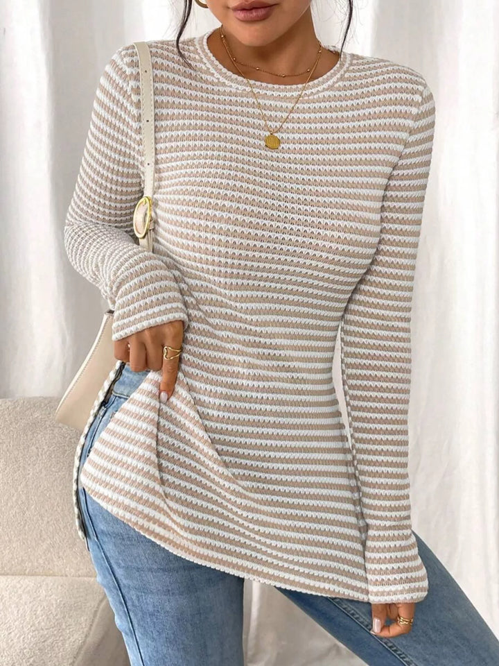 Slit-hem striped textured knit long sleeve top