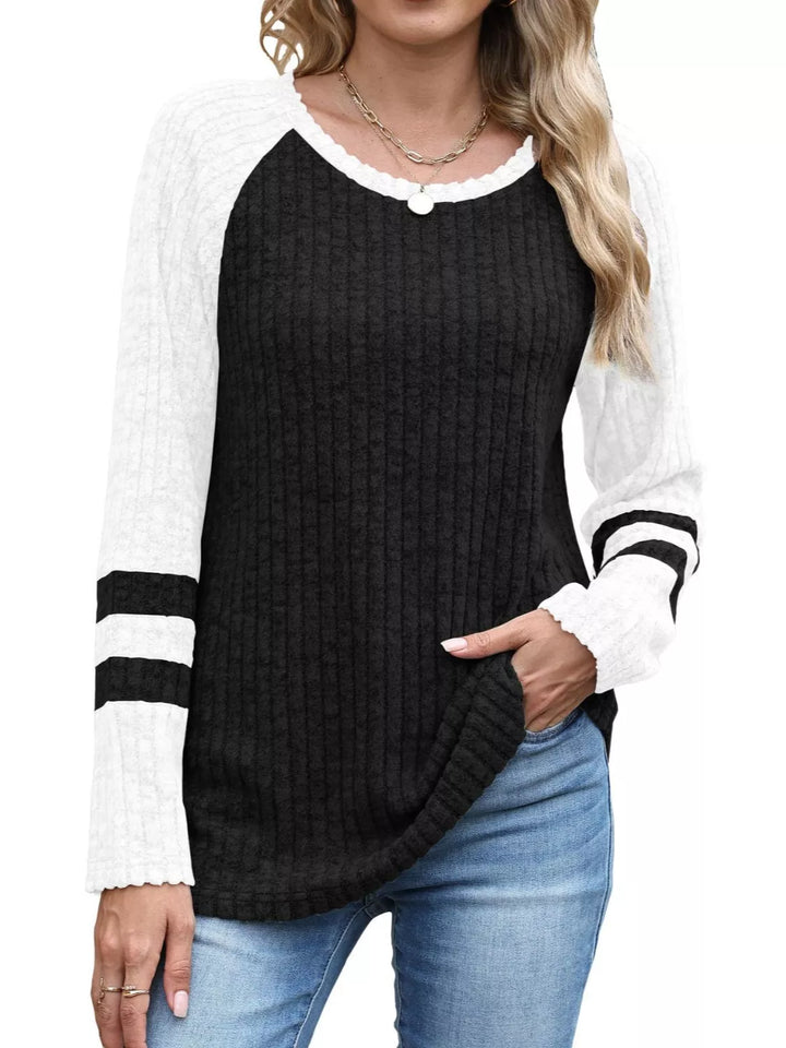 Ribbed knit raglan long sleeve top with varsity stripe sleeves