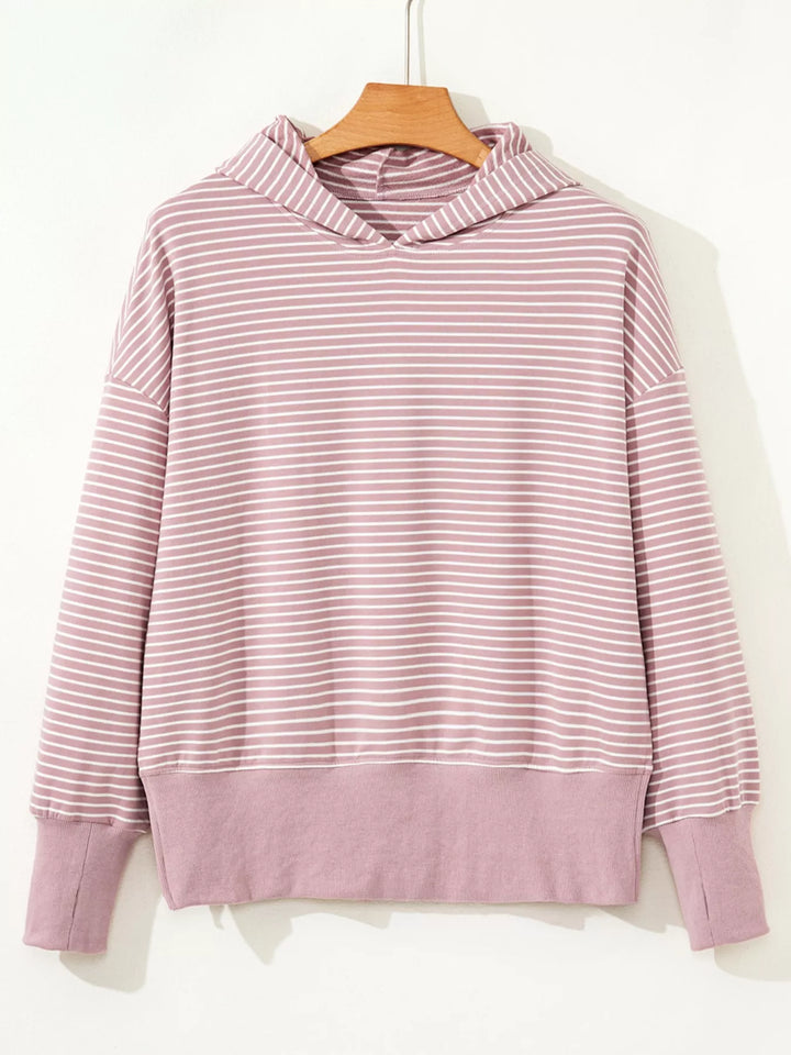 Striped drop-shoulder hoodie with thumbhole cuffs and side slits
