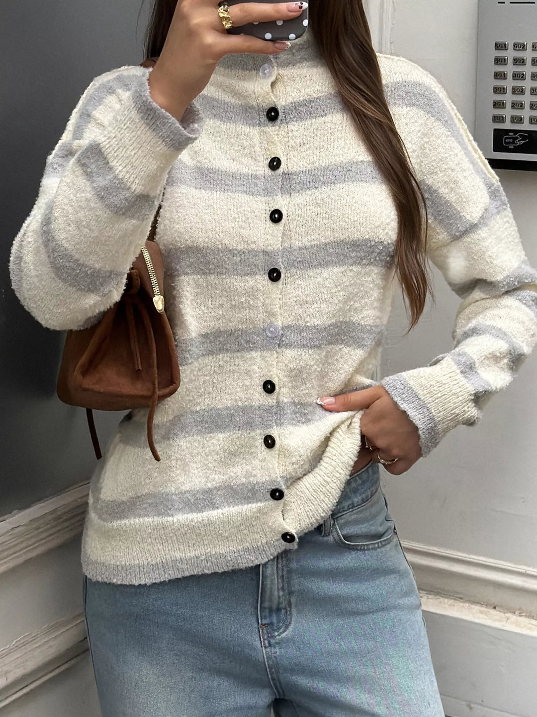Striped mock neck button-down textured knit cardigan