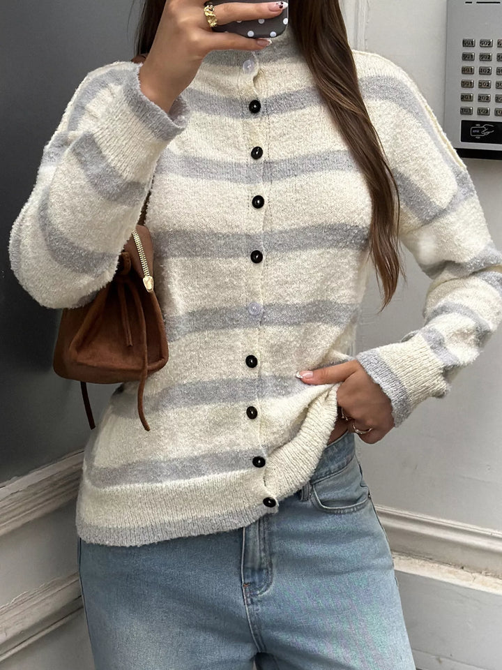 Striped mock neck button-down textured knit cardigan
