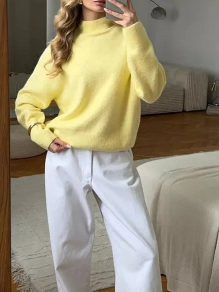 Ribbed mock neck dropped shoulder knit sweater
