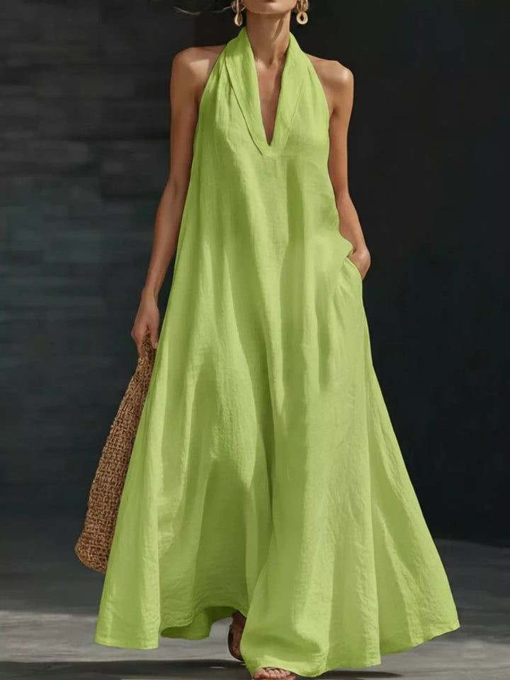 Lime Halter neck flowy maxi dress with side pockets
