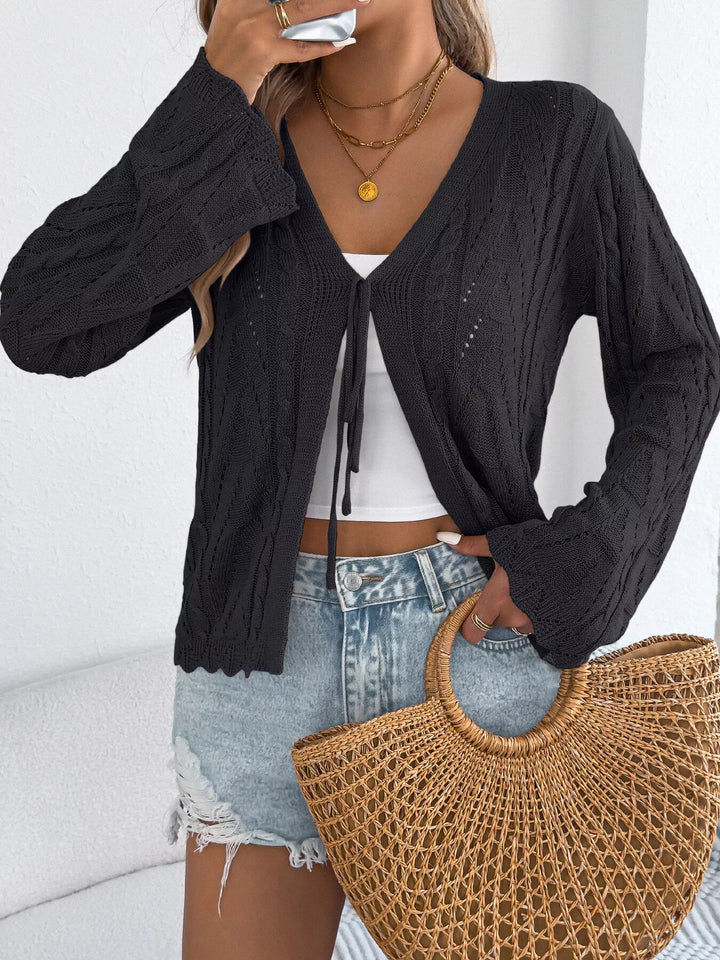 Openwork tie-front knit cardigan with bell sleeves