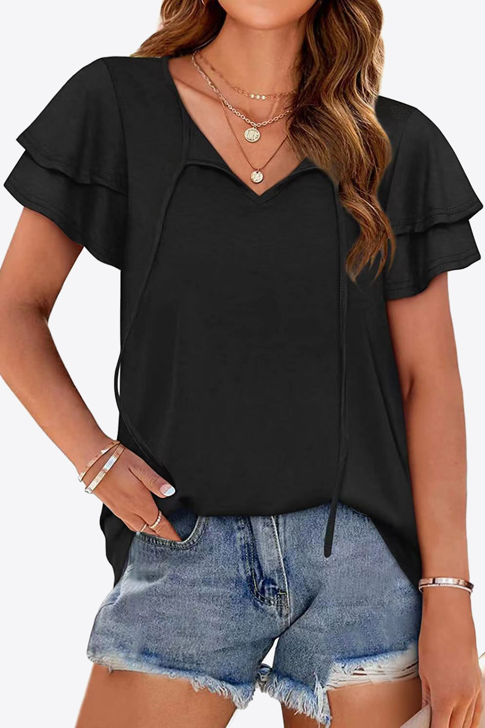 Black Tiered flutter sleeve blouse with split tie neck