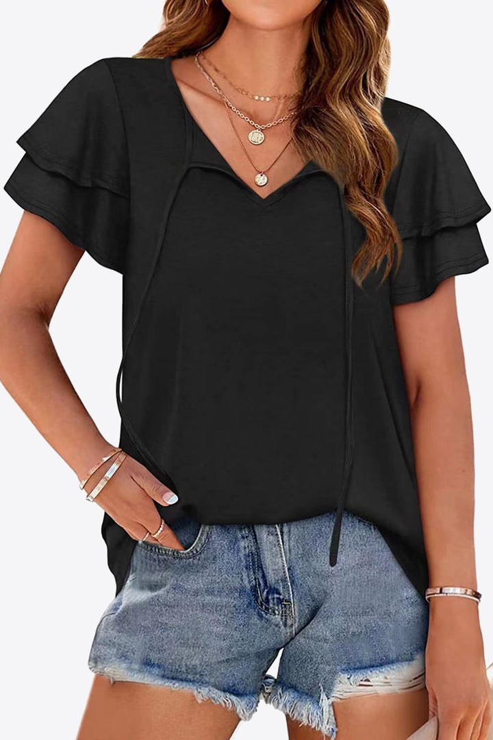 Black Tiered flutter sleeve blouse with split tie neck