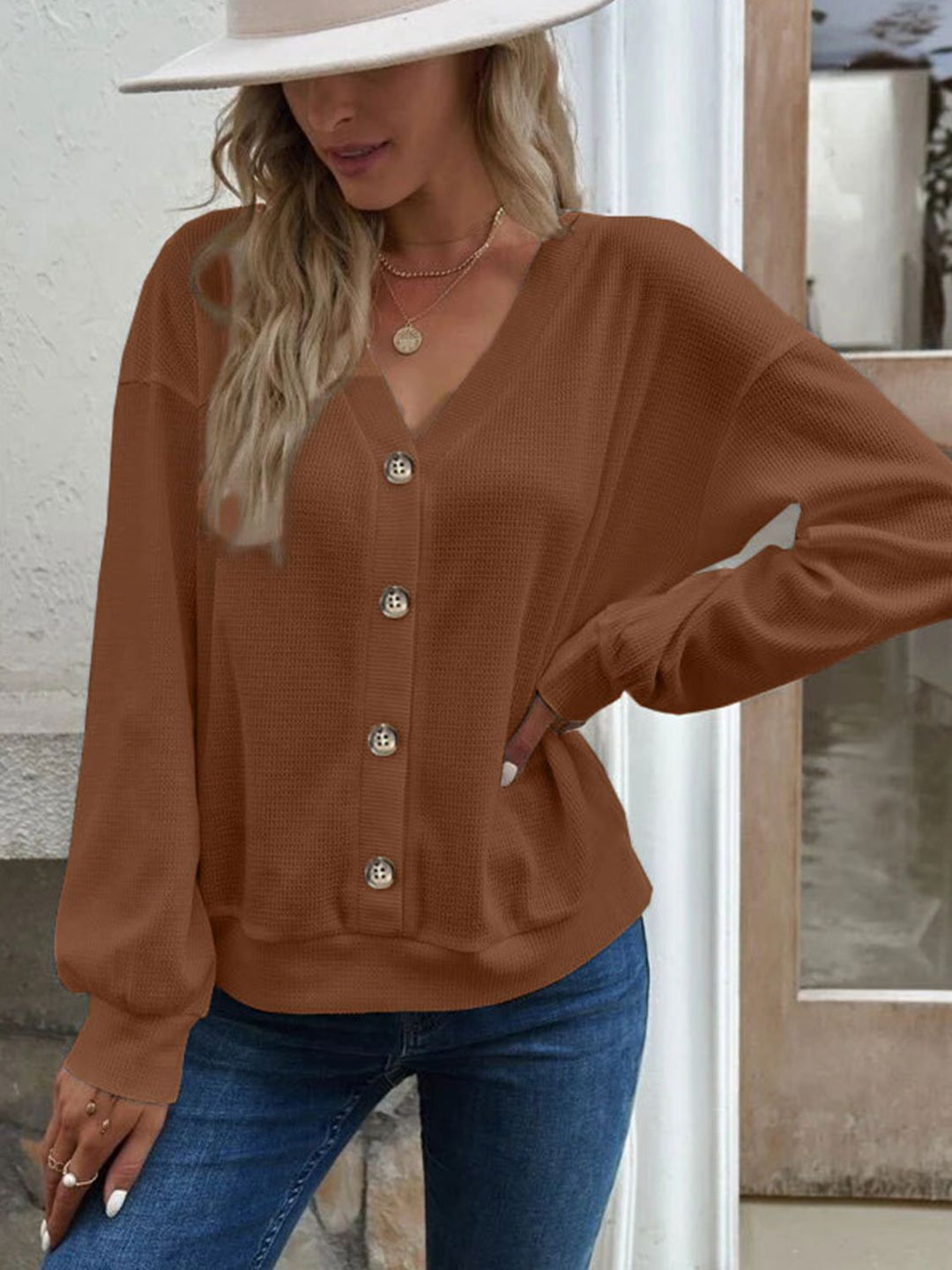 Caramel Waffle-knit V-neck button-front top with dropped shoulders