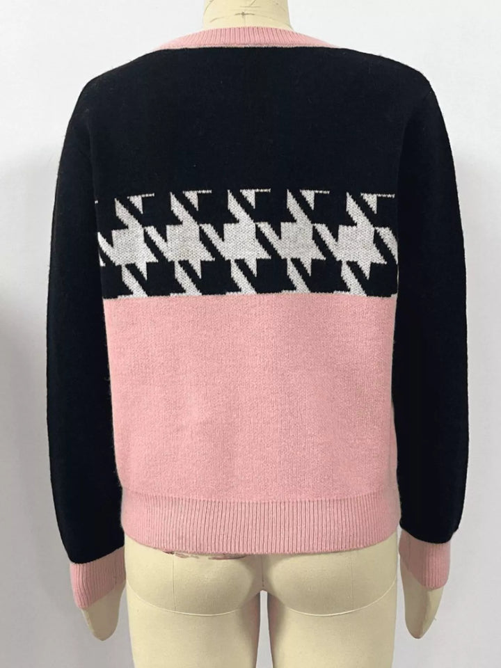 Color block houndstooth crew neck sweater
