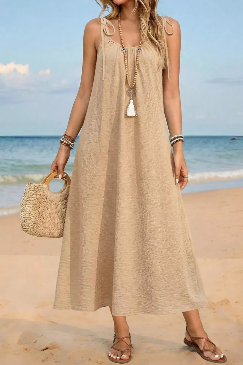Tan Tie-shoulder sleeveless flowy cotton midi dress