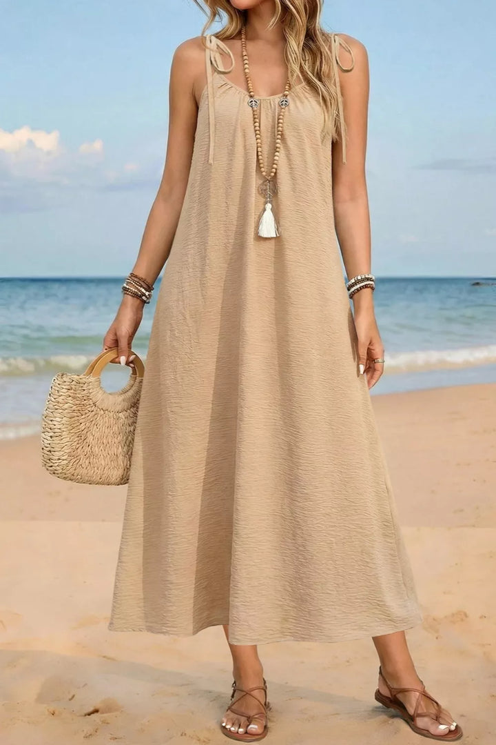 Tan Tie-shoulder sleeveless flowy cotton midi dress