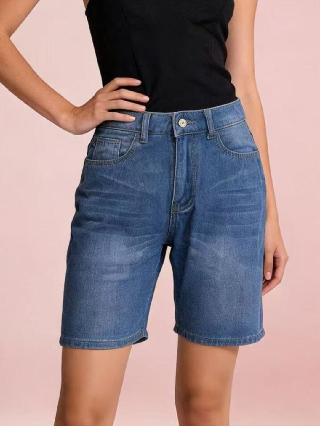 High-rise bermuda denim shorts with whiskered front