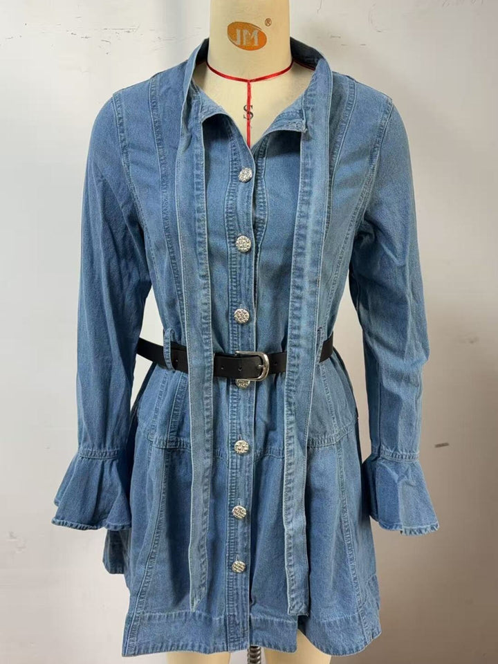 Button-front denim shirt dress with flounce sleeves
