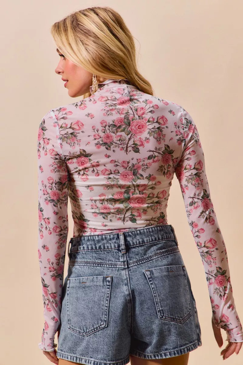 Rose floral sheer mesh mock neck long-sleeve top