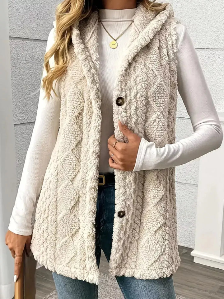 Beige Textured sherpa hooded vest with button front