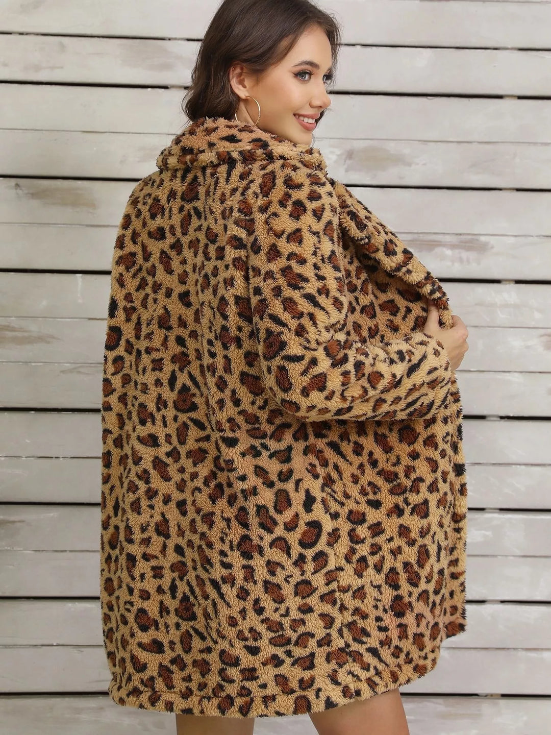 Leopard print fuzzy teddy coat with lapel collar