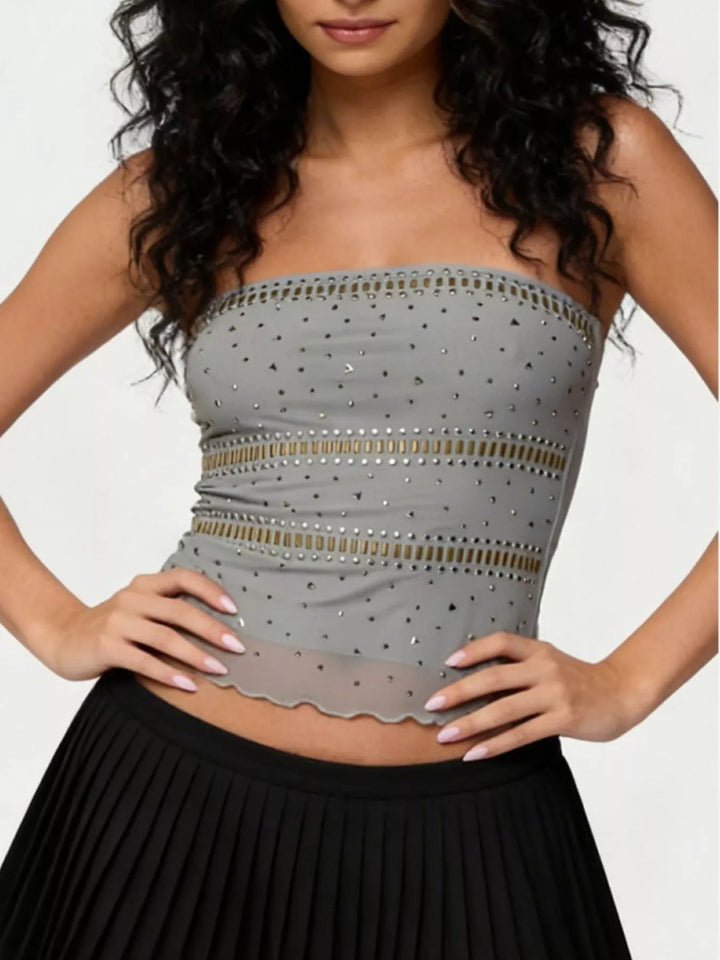 Rhinestone strapless crop top with cutout bands and scalloped hem