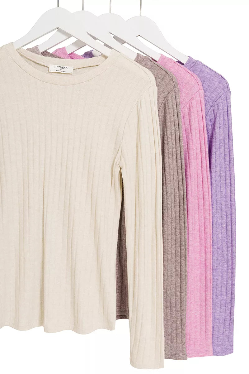 Ribbed knit long sleeve crew neck fitted top