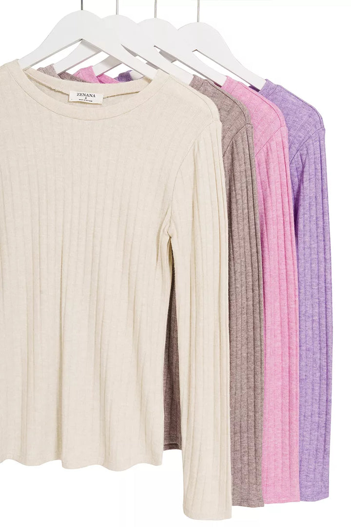 Ribbed knit long sleeve crew neck fitted top