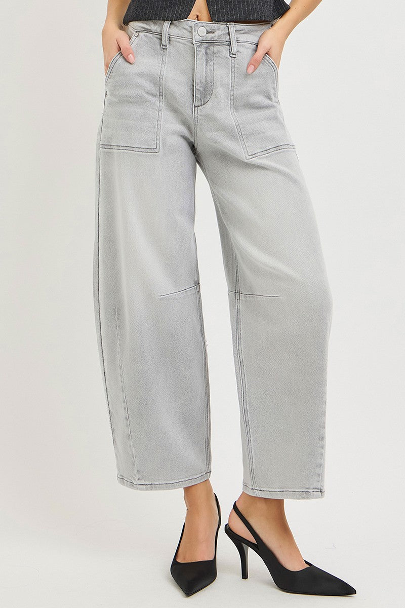 LIGHT GREY Slouchy high-rise barrel jeans with patch pockets