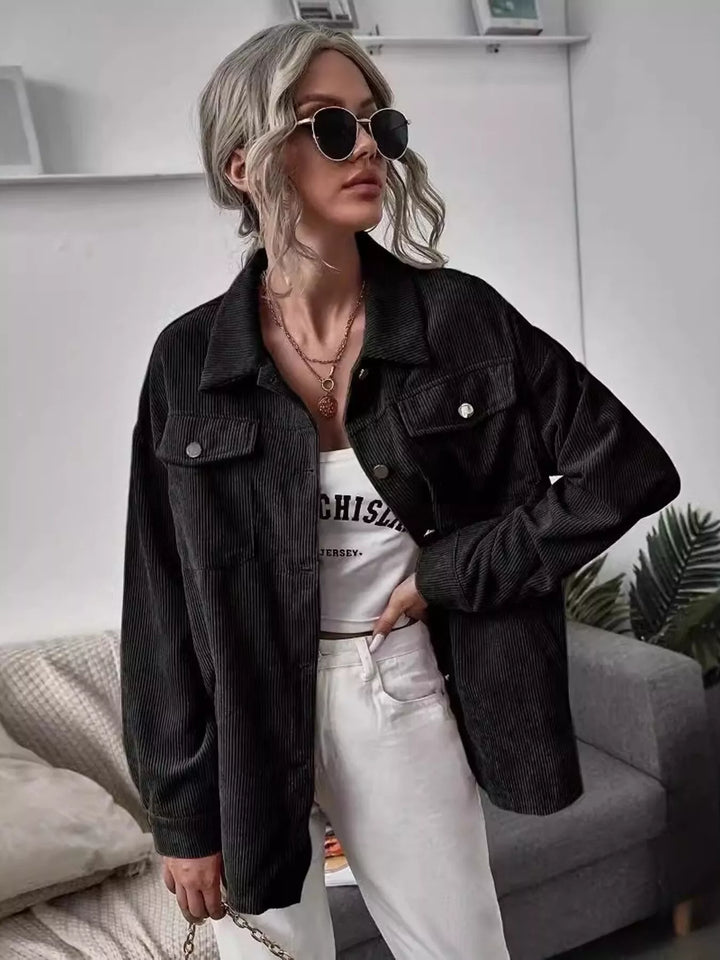 Black Corduroy button-up shacket with flap chest pockets