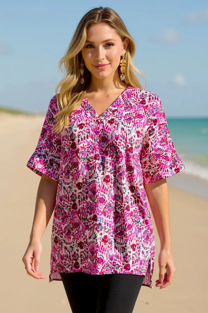 Pink Abstract print V-neck short sleeve tunic blouse