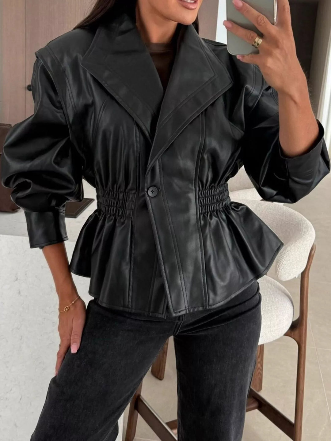 Faux leather peplum jacket with ruched waist