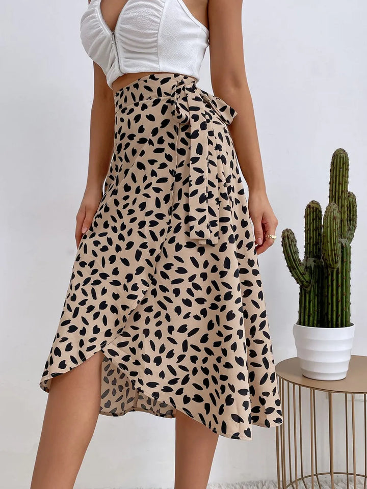 Tan Tie-waist animal print midi skirt with side slit