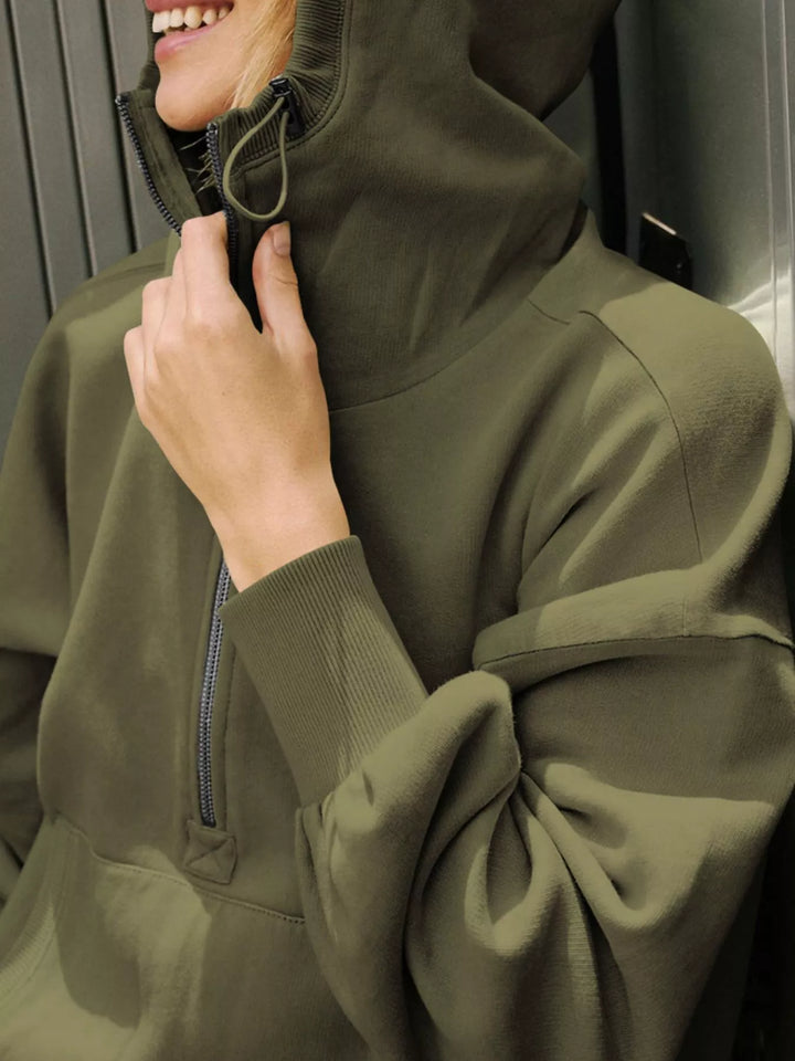 Army Green Half-zip hoodie with dropped shoulders and kangaroo pocket
