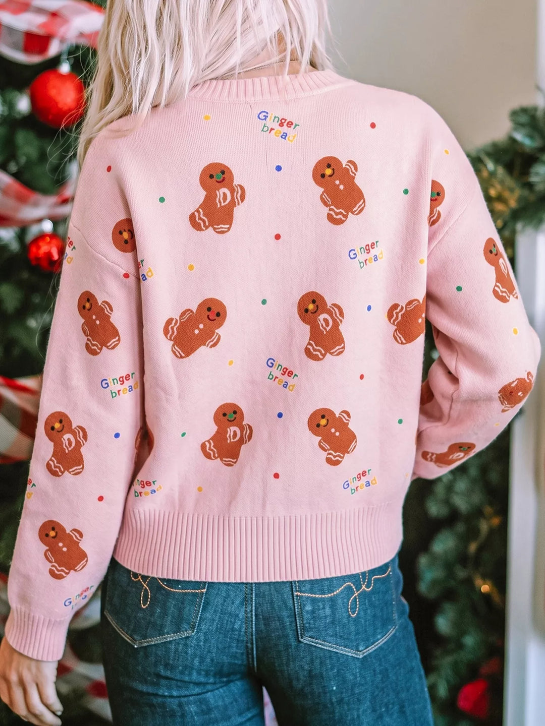 Gingerbread print crew neck knit sweater