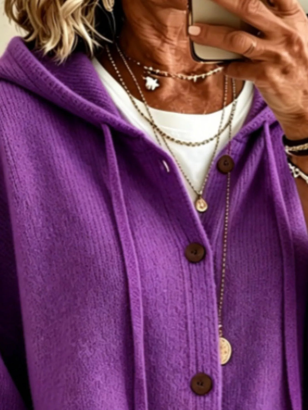 Hooded button-down knit cardigan with patch pockets