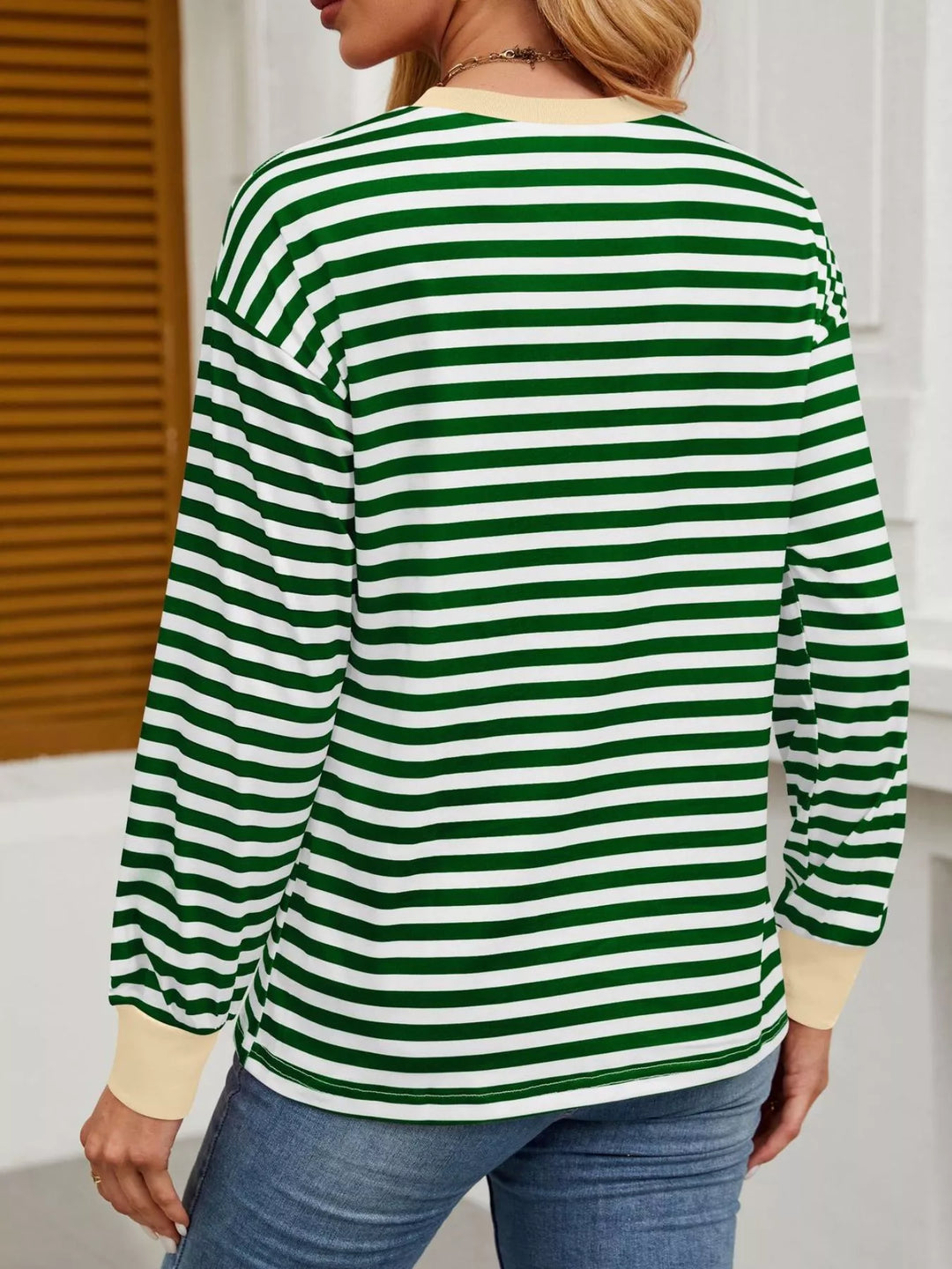 Contrast-trim striped long sleeve crew neck top