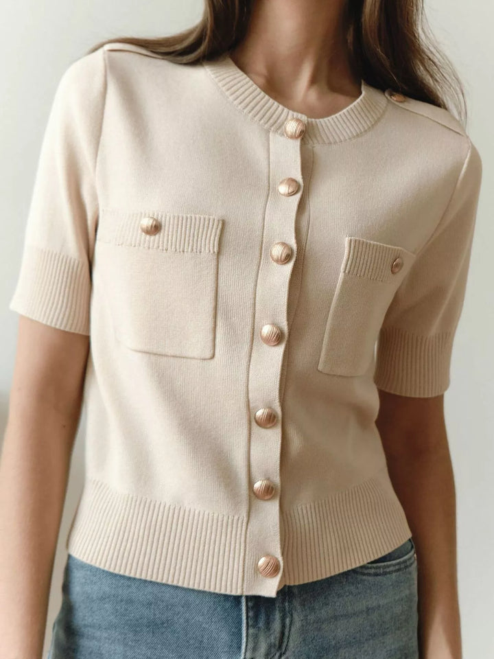 Short sleeve knit button-down cardigan with gold buttons