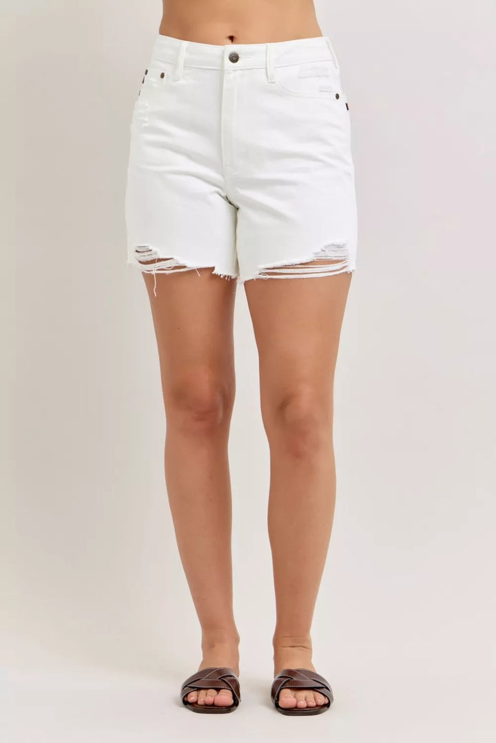 WHT High-rise distressed denim dad shorts with raw hem