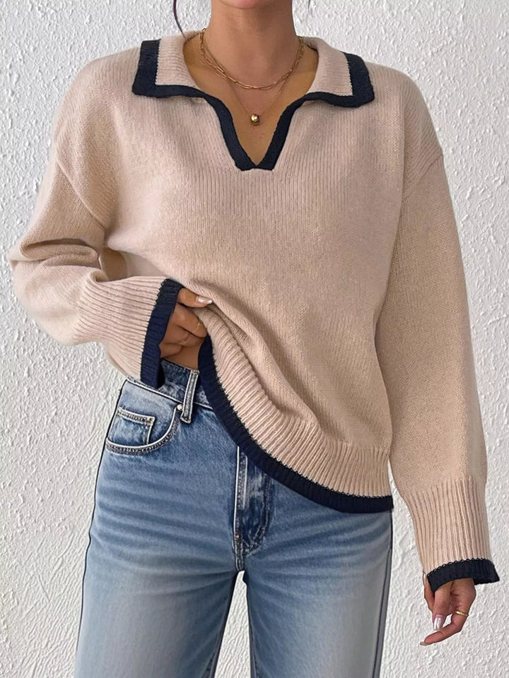 Contrast trim polo collar knit pullover sweater