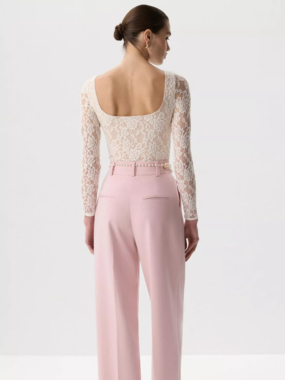 Sheer floral lace round neck long sleeve top