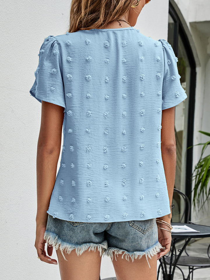 Swiss dot petal sleeve top with pleated round neck