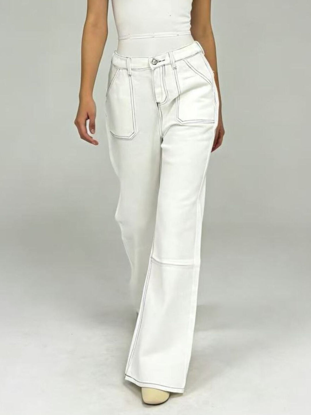 White Wide leg jeans with contrast topstitching and patch pockets