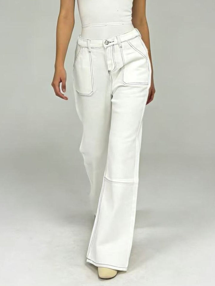 White Wide leg jeans with contrast topstitching and patch pockets