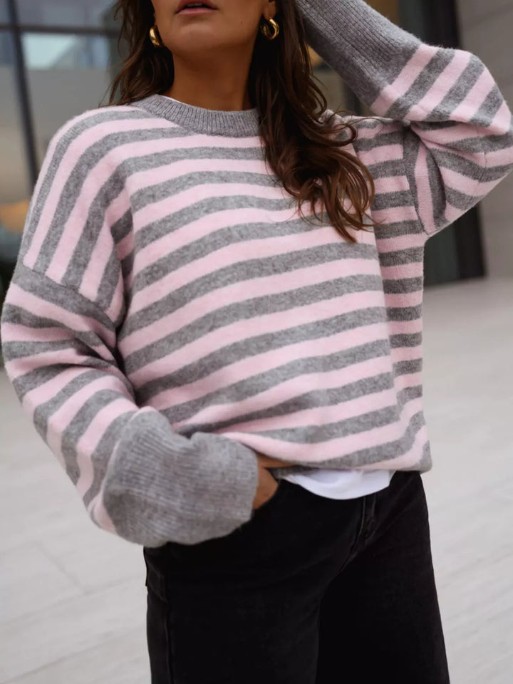 Striped drop-shoulder crew neck sweater with ribbed cuffs