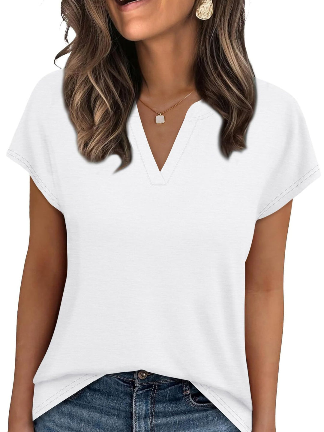 Notched V-neck short sleeve relaxed knit top