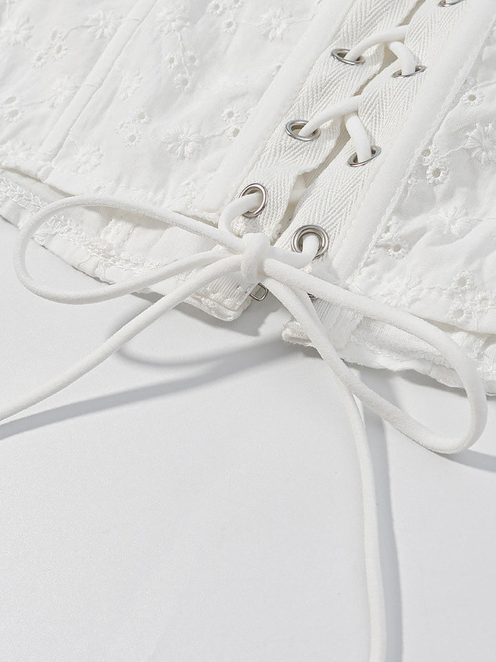 Eyelet ruffle-trim corset tank top with lace-up back